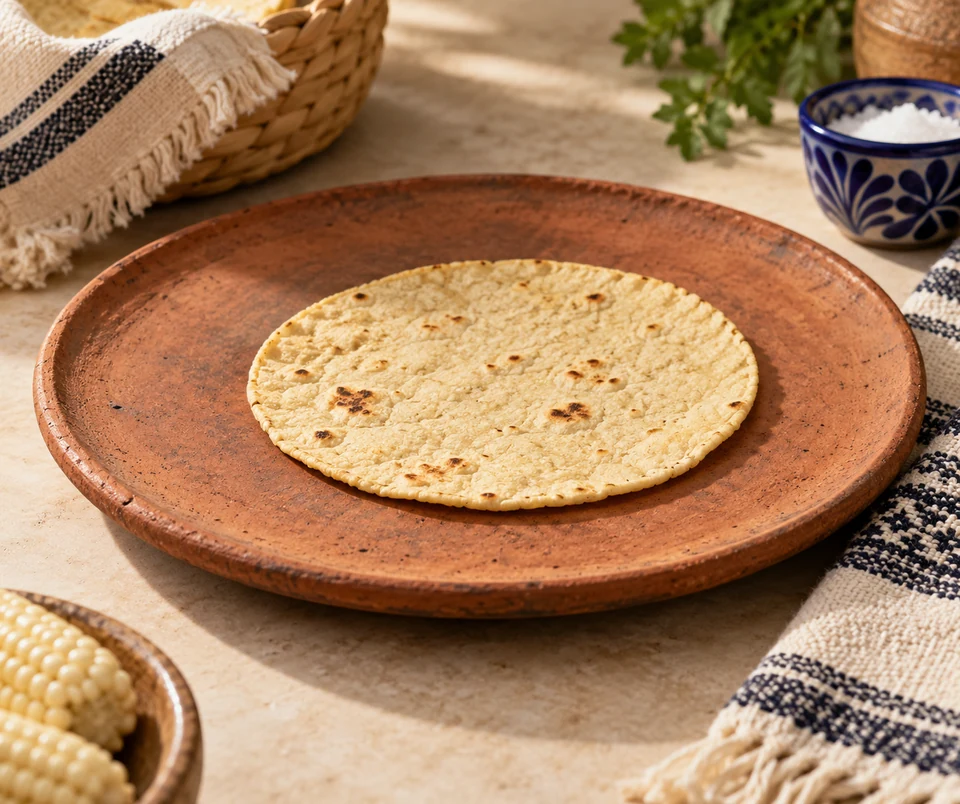 Illustration of a flat terracotta comal with a corn tortilla and woven cloth