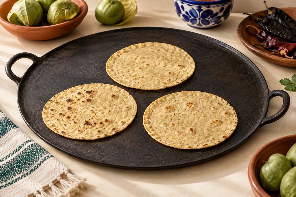 Illustration of a flat comal with two loop handles and three corn tortillas