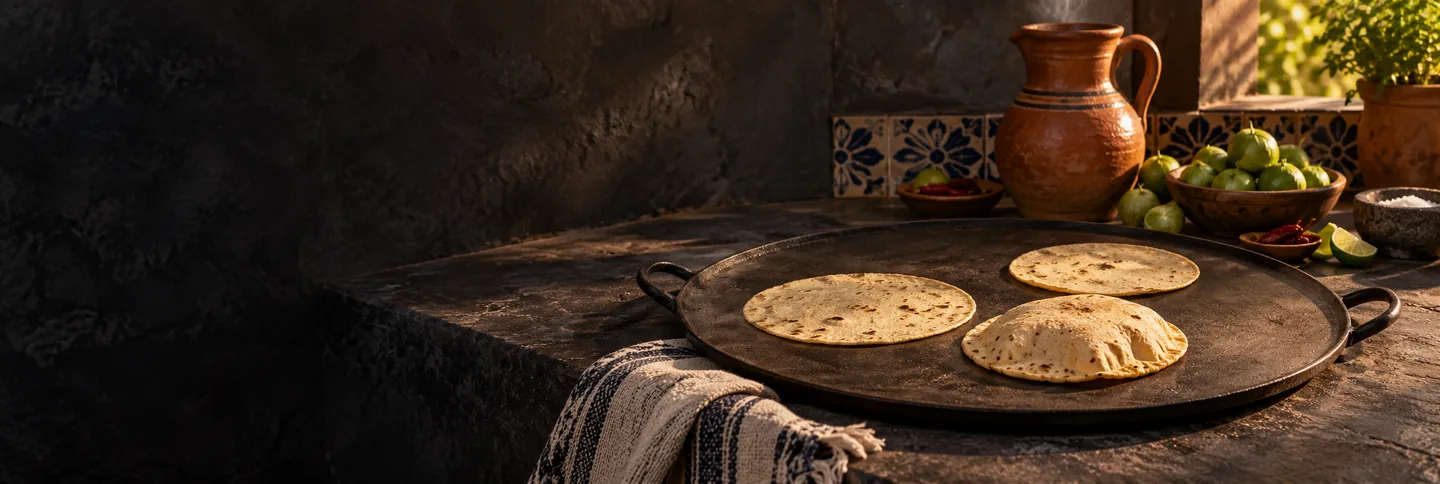 Illustrated Mexican kitchen with a flat comal, corn tortillas, Talavera tiles and terracotta pottery
