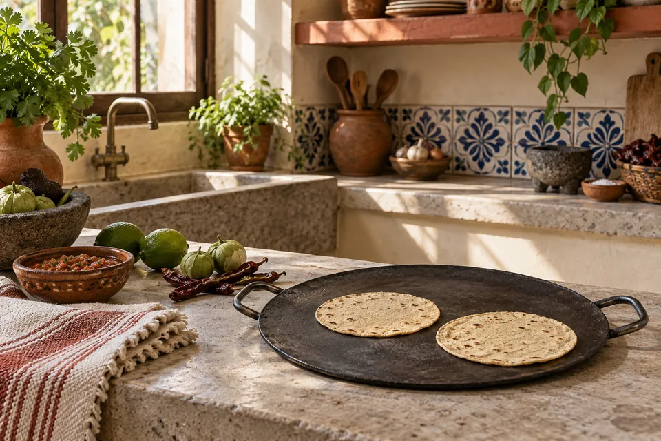 Illustrated sunlit Mexican kitchen with tortillas on a flat comal, salsa and blue ceramic tiles