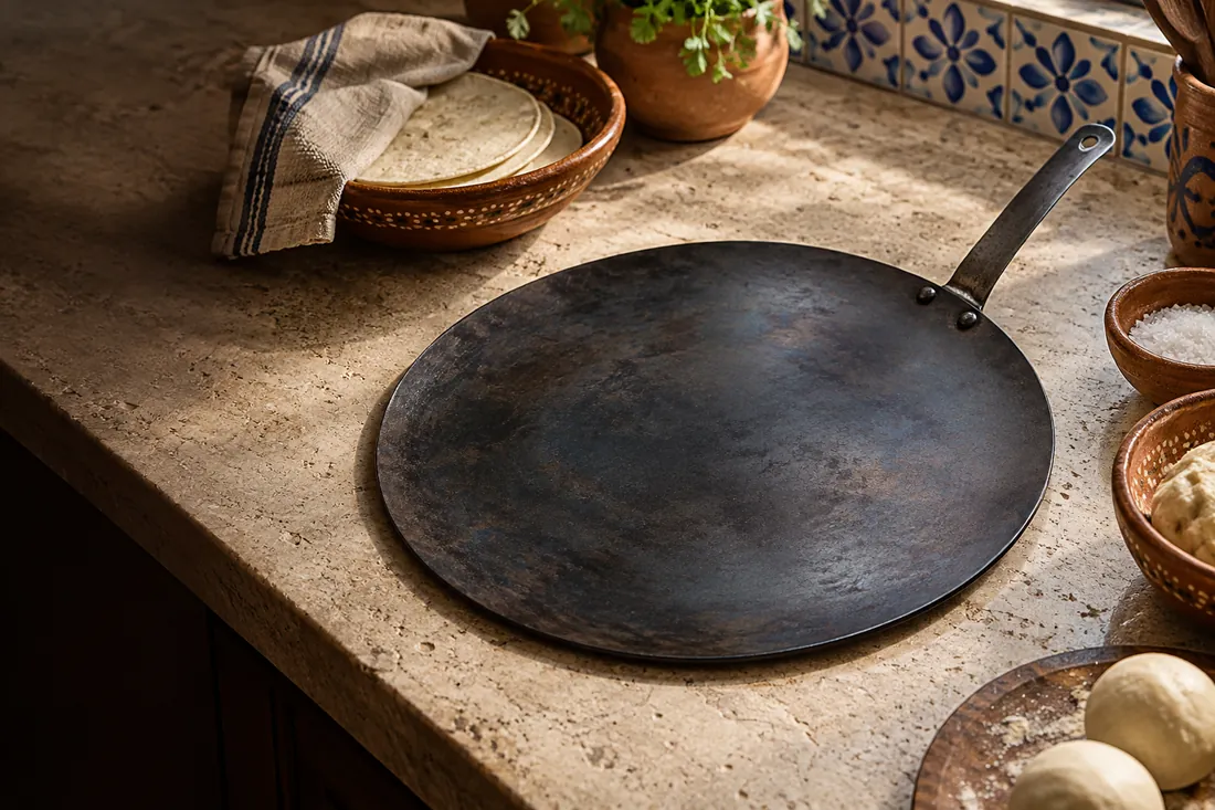 Illustrative kitchen scene with a carbon steel comal