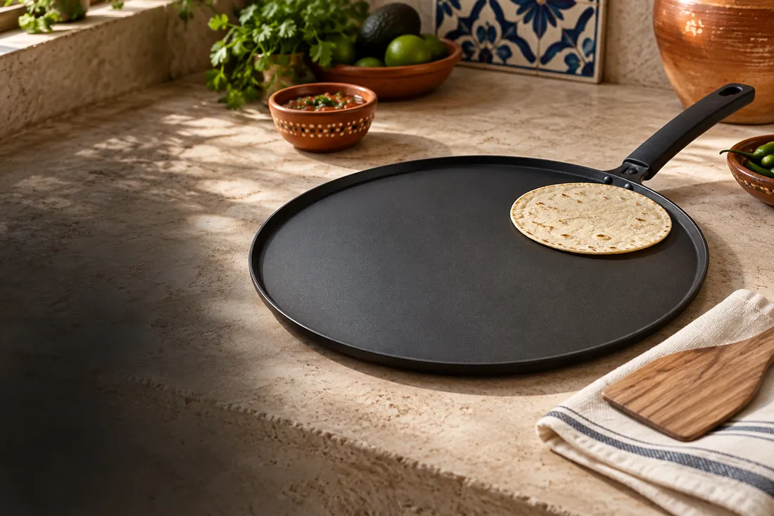 Illustrative kitchen scene with a nonstick comal