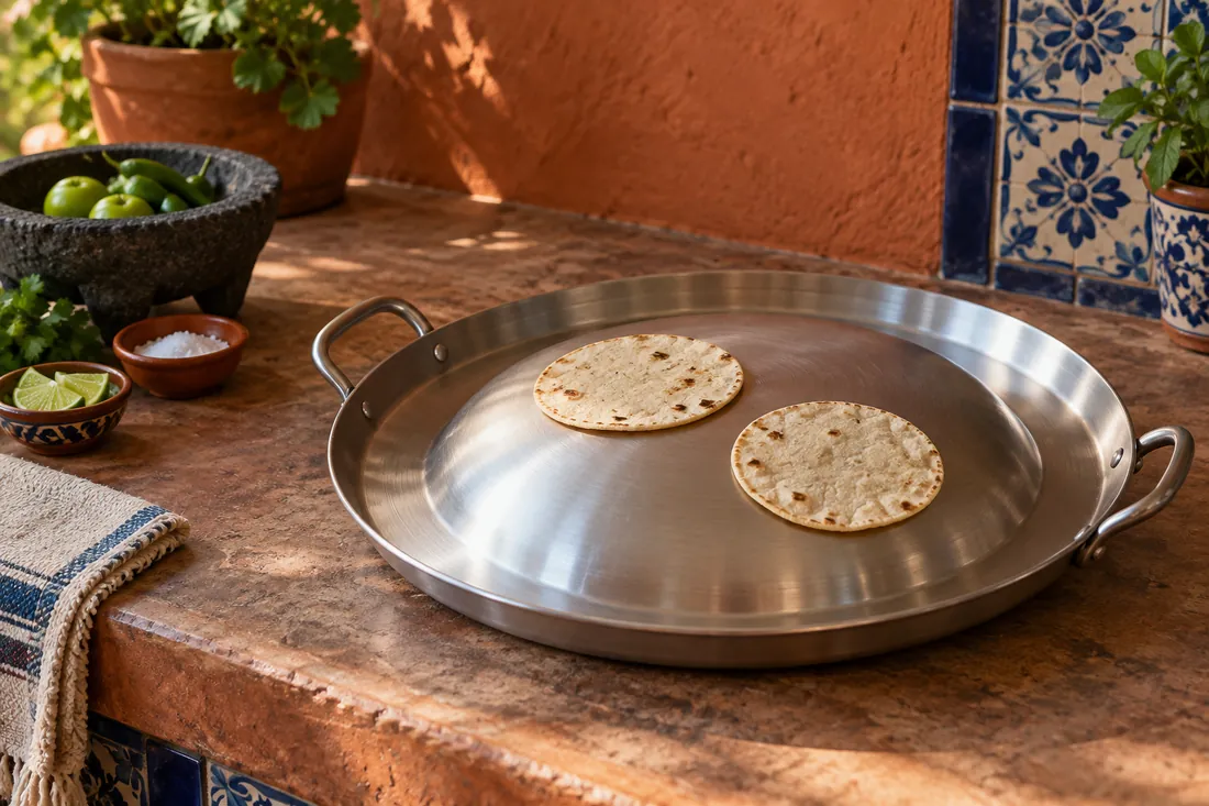 Illustrative kitchen scene with a stainless steel comal