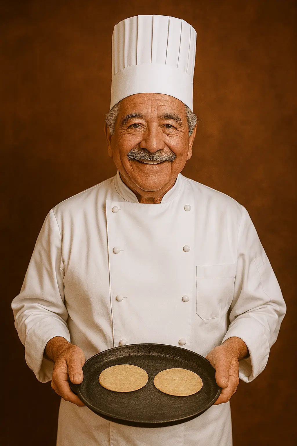 Jorge Gutiérrez holding a cast iron comal with tortillas
