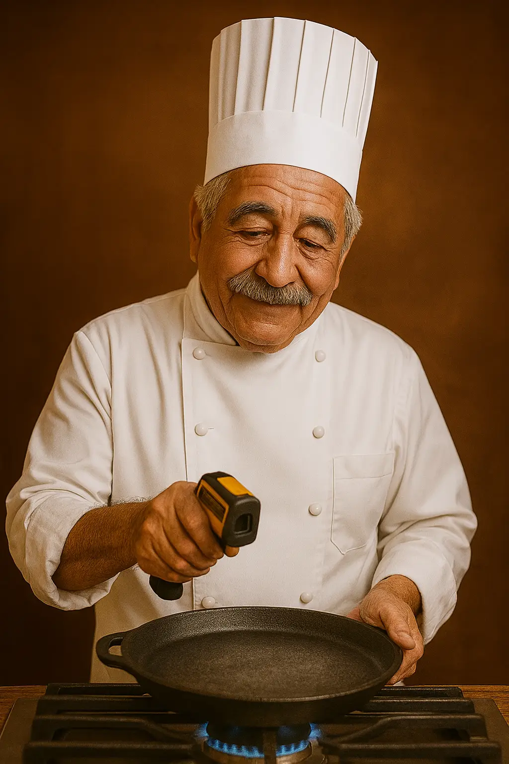 Jorge Gutiérrez testing comal temperature with infrared thermometer