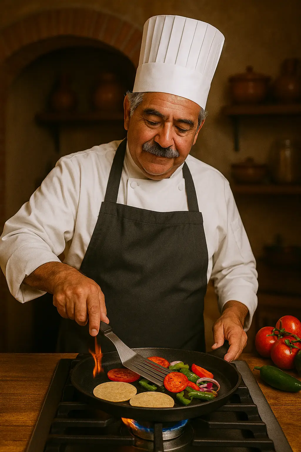 Ramón Gutiérrez cooking vegetables on a cast iron comal